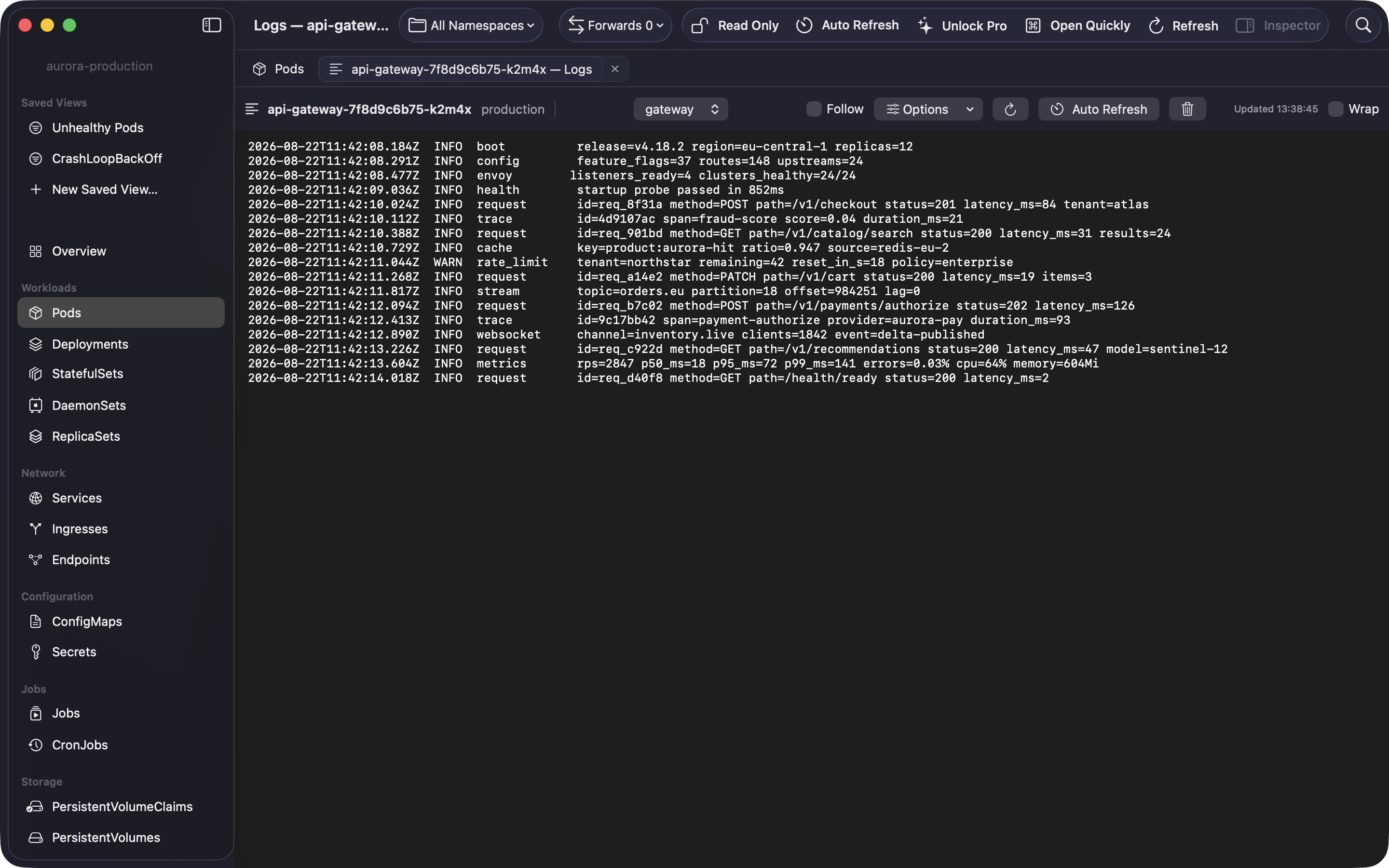 ClusterDeck live Kubernetes pod log workspace showing fictional API requests, traces, rate limiting, streaming events, and service metrics