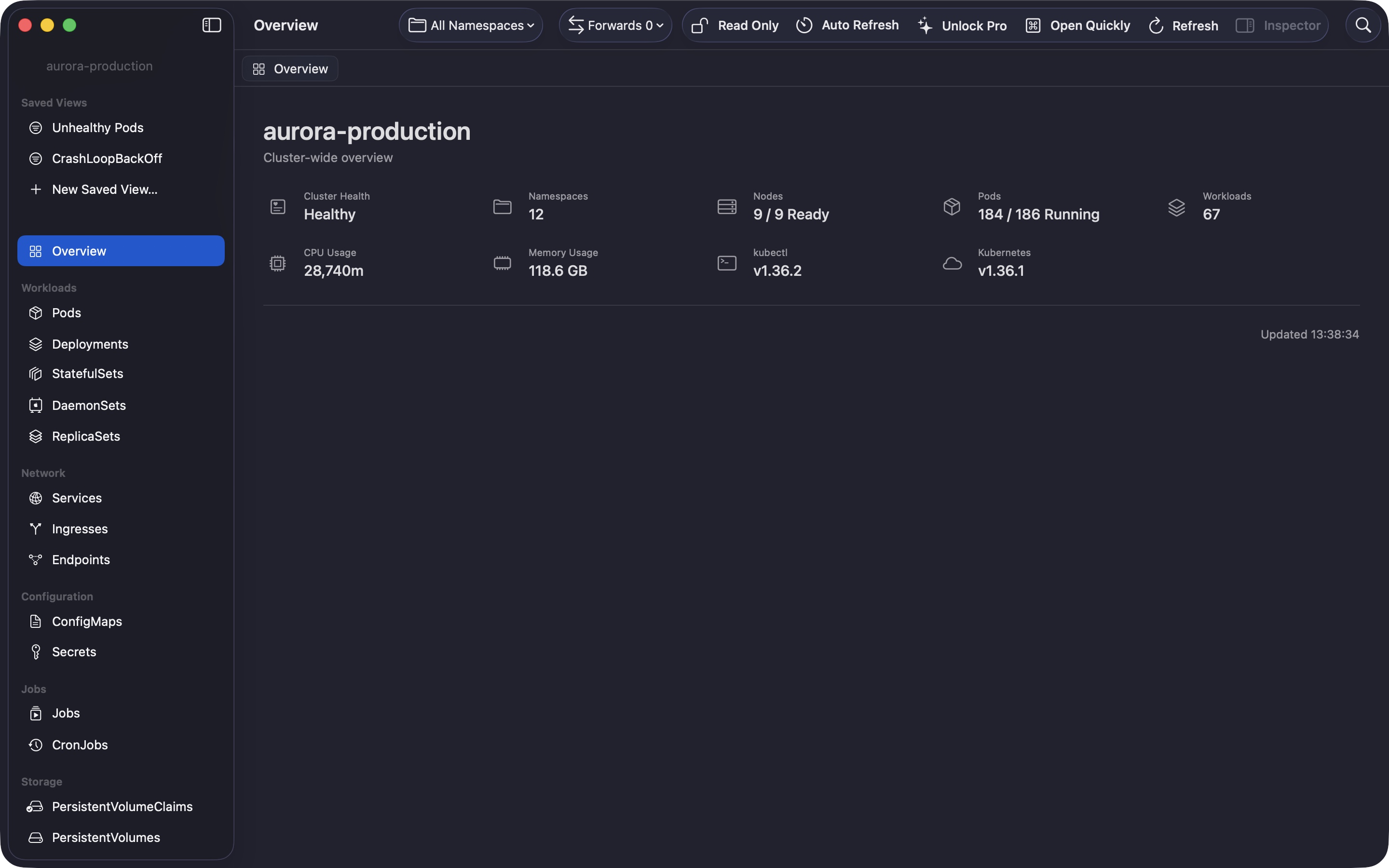 ClusterDeck Kubernetes cluster overview on macOS showing nine ready nodes, 186 pods, 67 workloads, CPU, memory, and Kubernetes versions