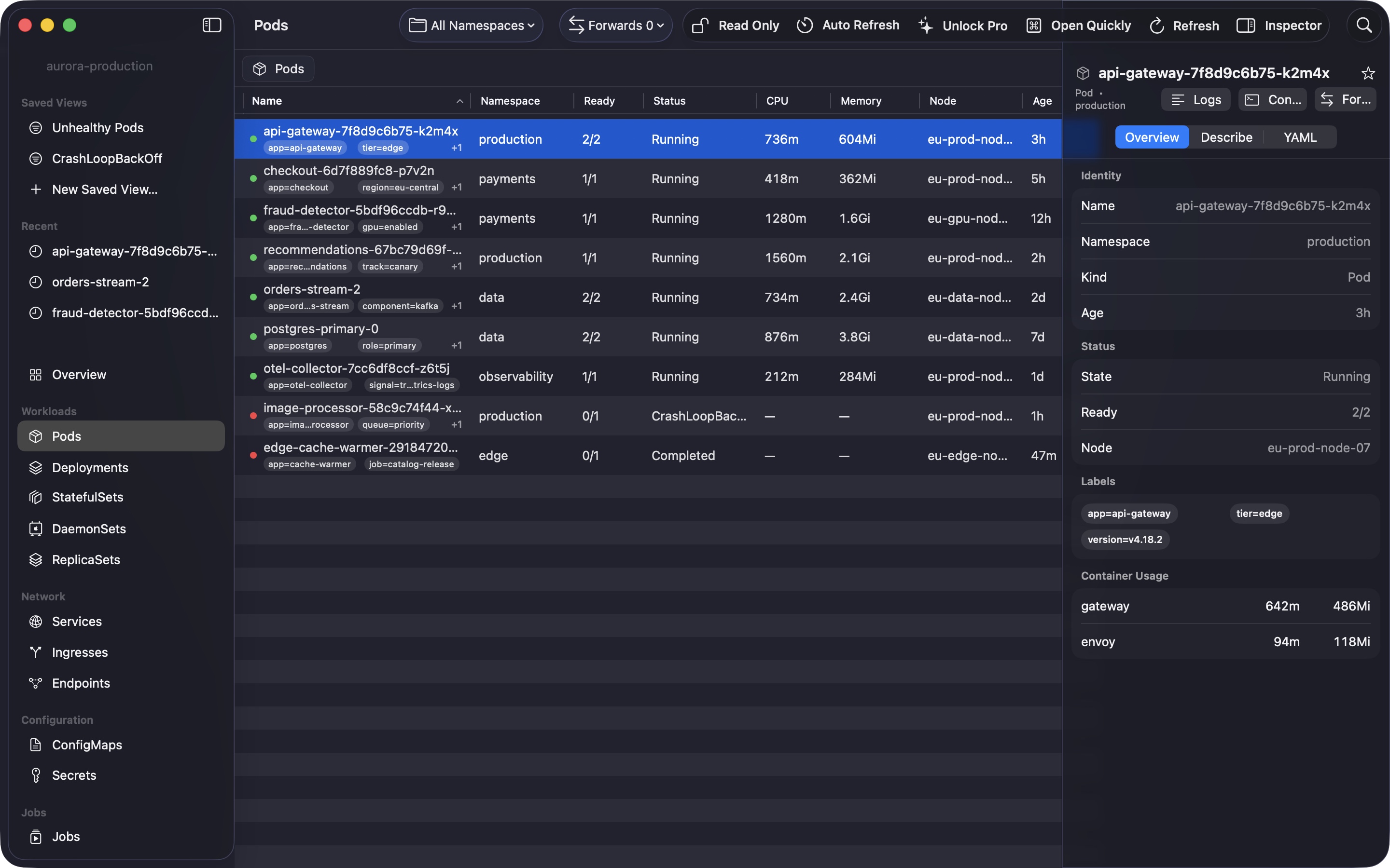 ClusterDeck pods table with fictional production, payments, data, observability, and edge workloads plus status, CPU, memory, nodes, and age