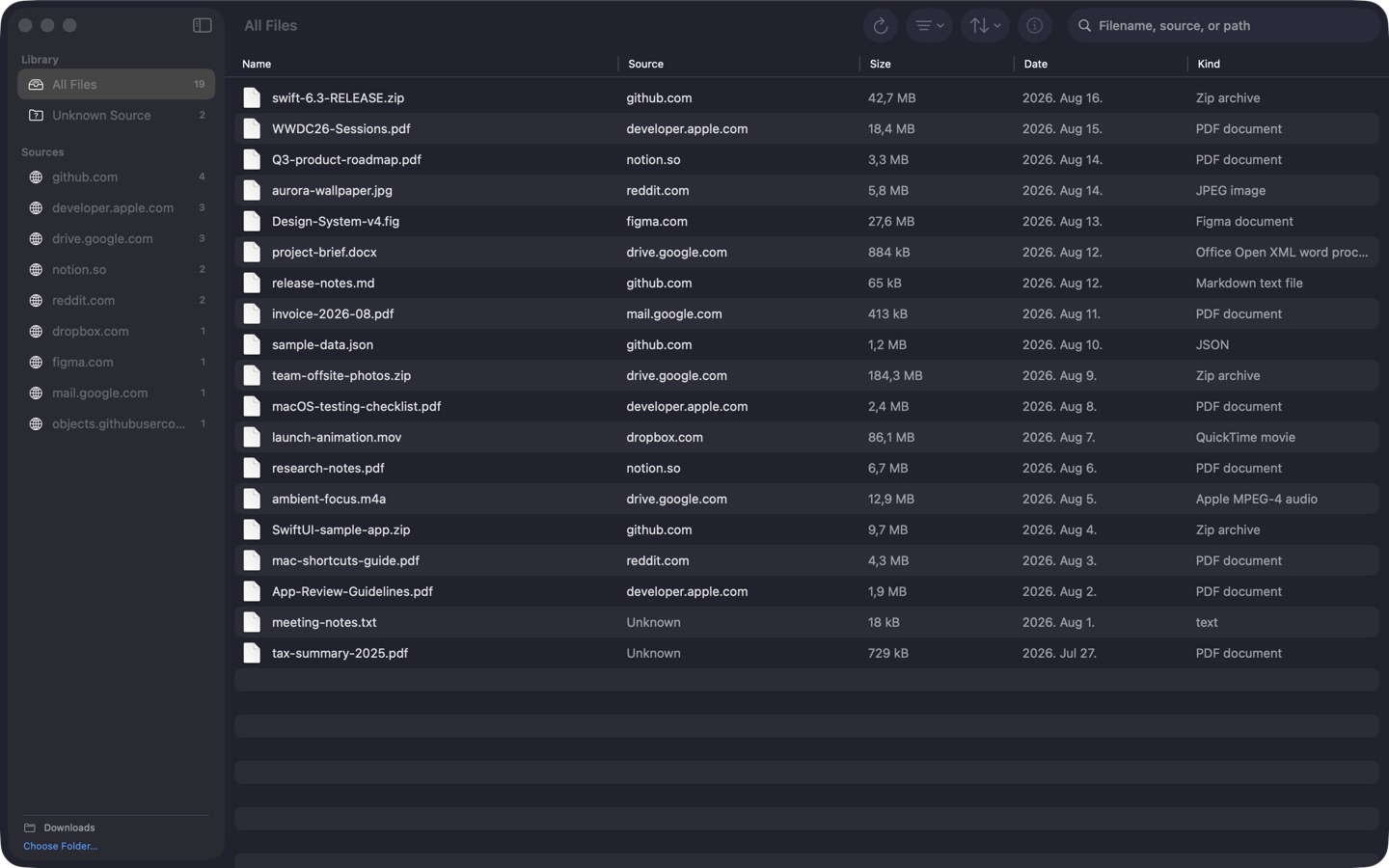Download Detective showing files grouped by download source websites on macOS