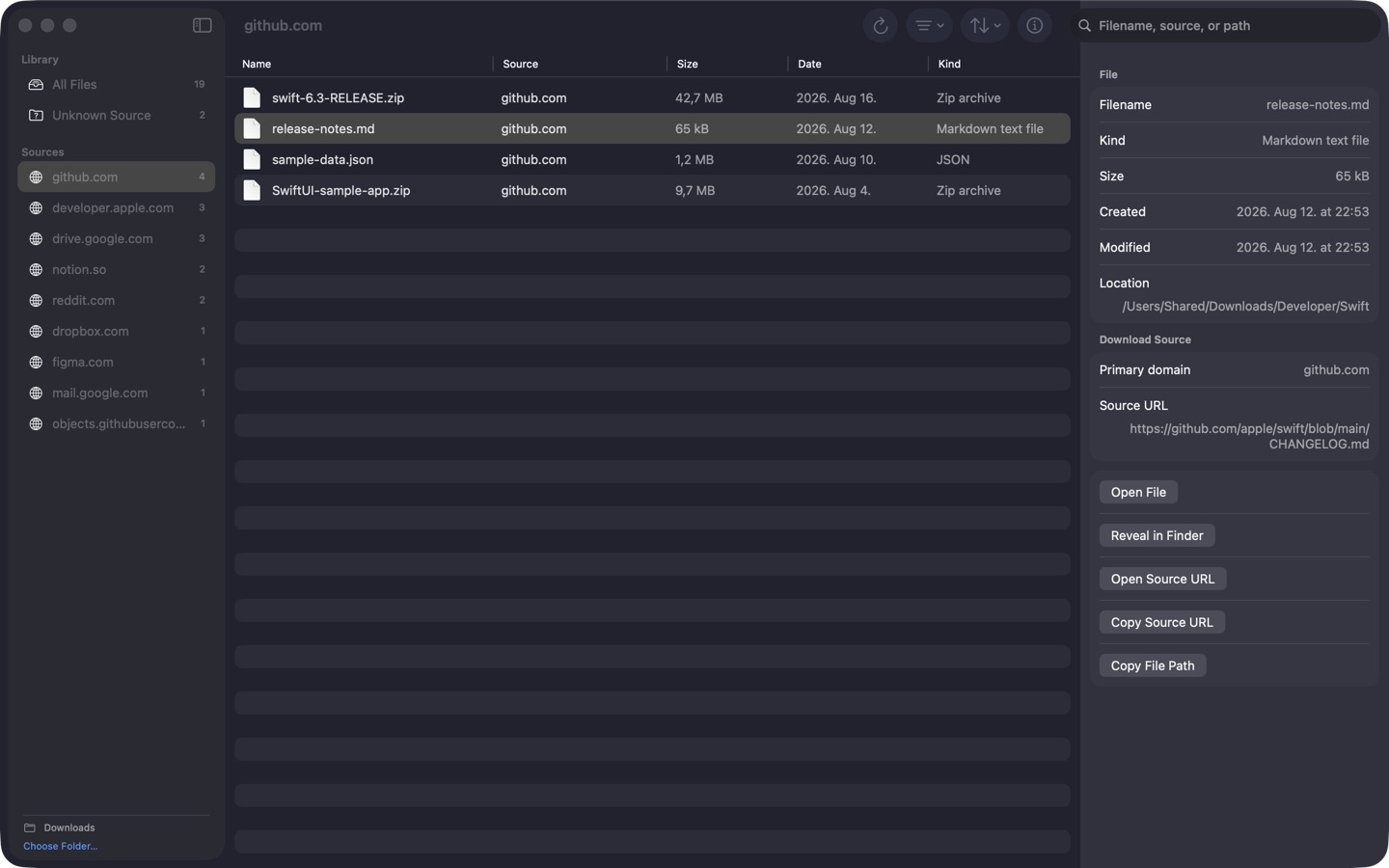 Download Detective source inspector showing a GitHub download URL and file details