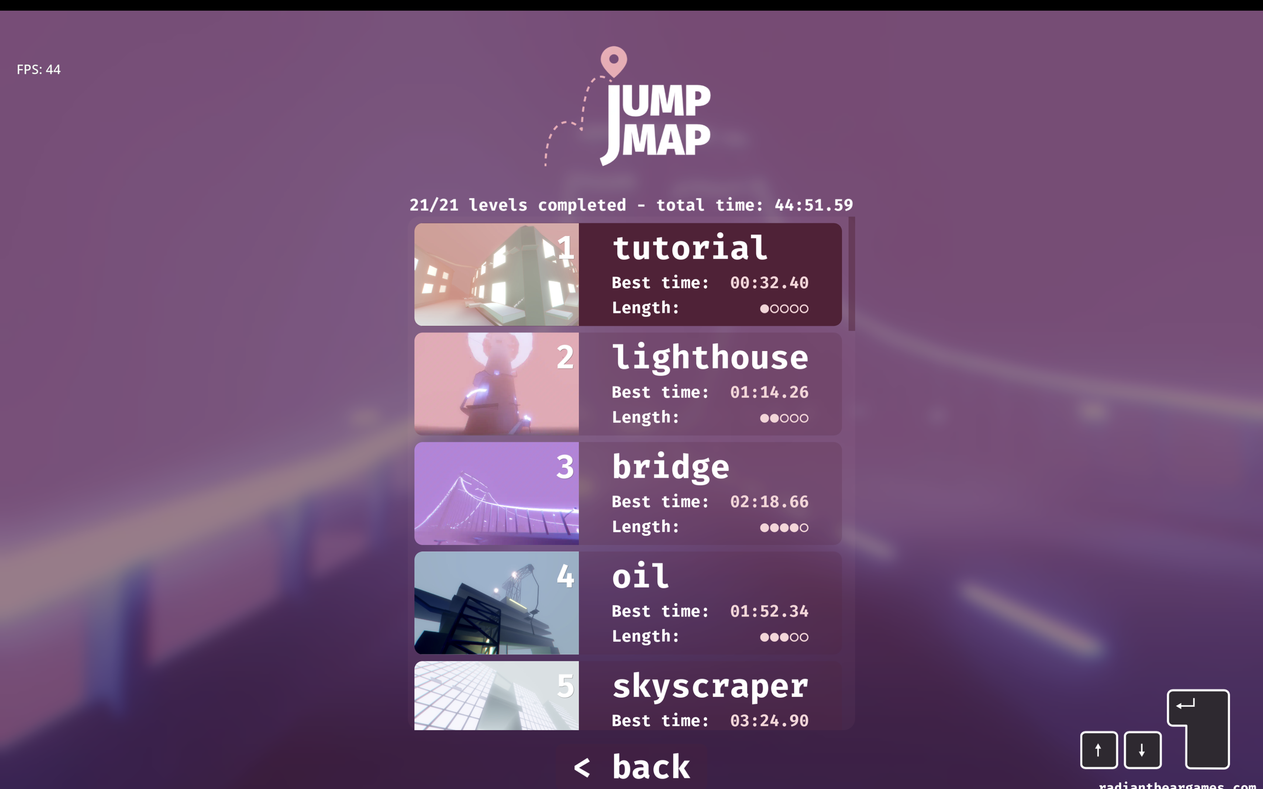 JumpMap Mac level list showing 21 completed levels, believable personal best times, and route lengths
