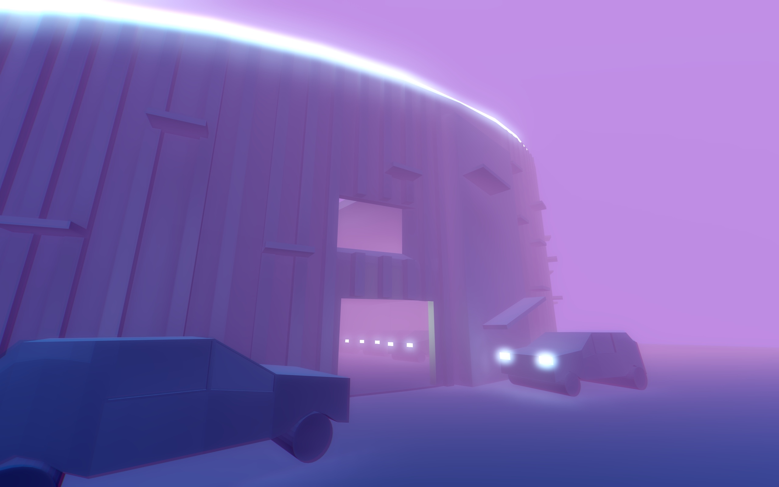 Purple city level with parked cars and a tall building