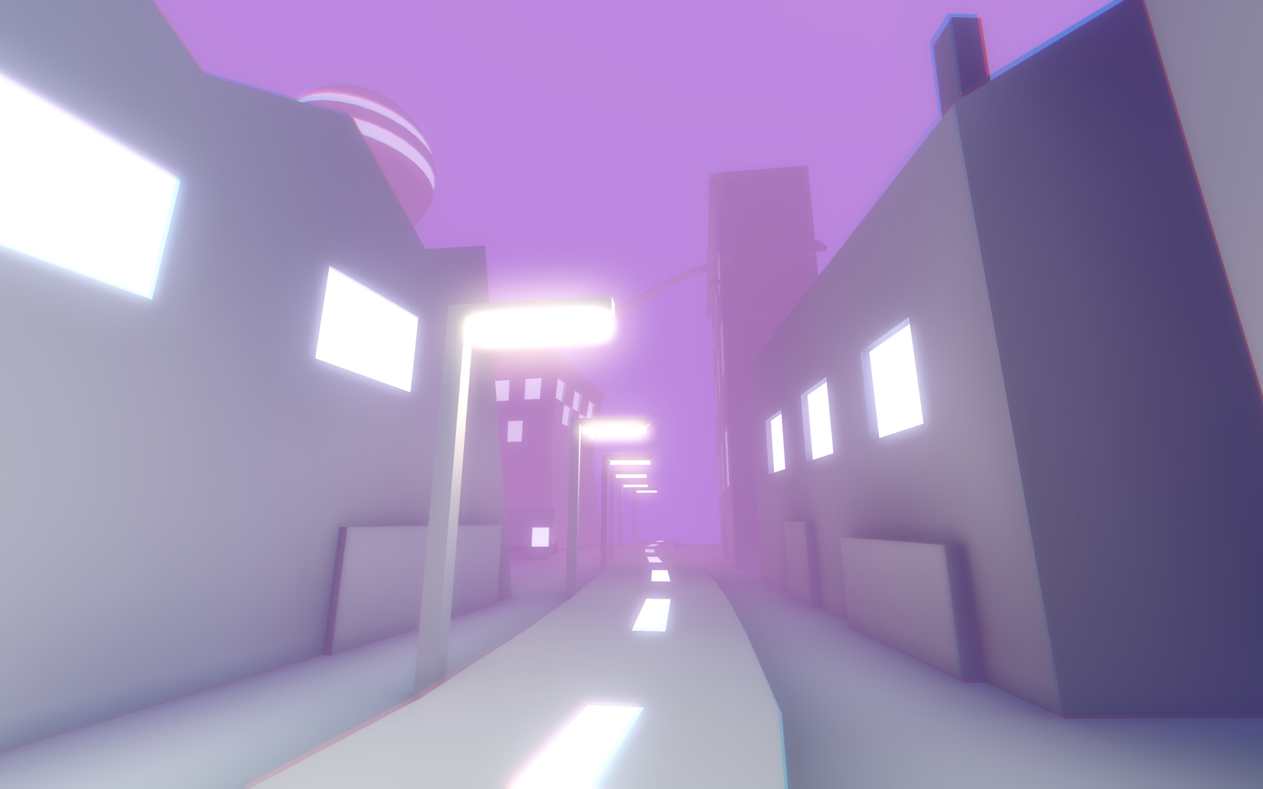 Neon city street level with a route between buildings