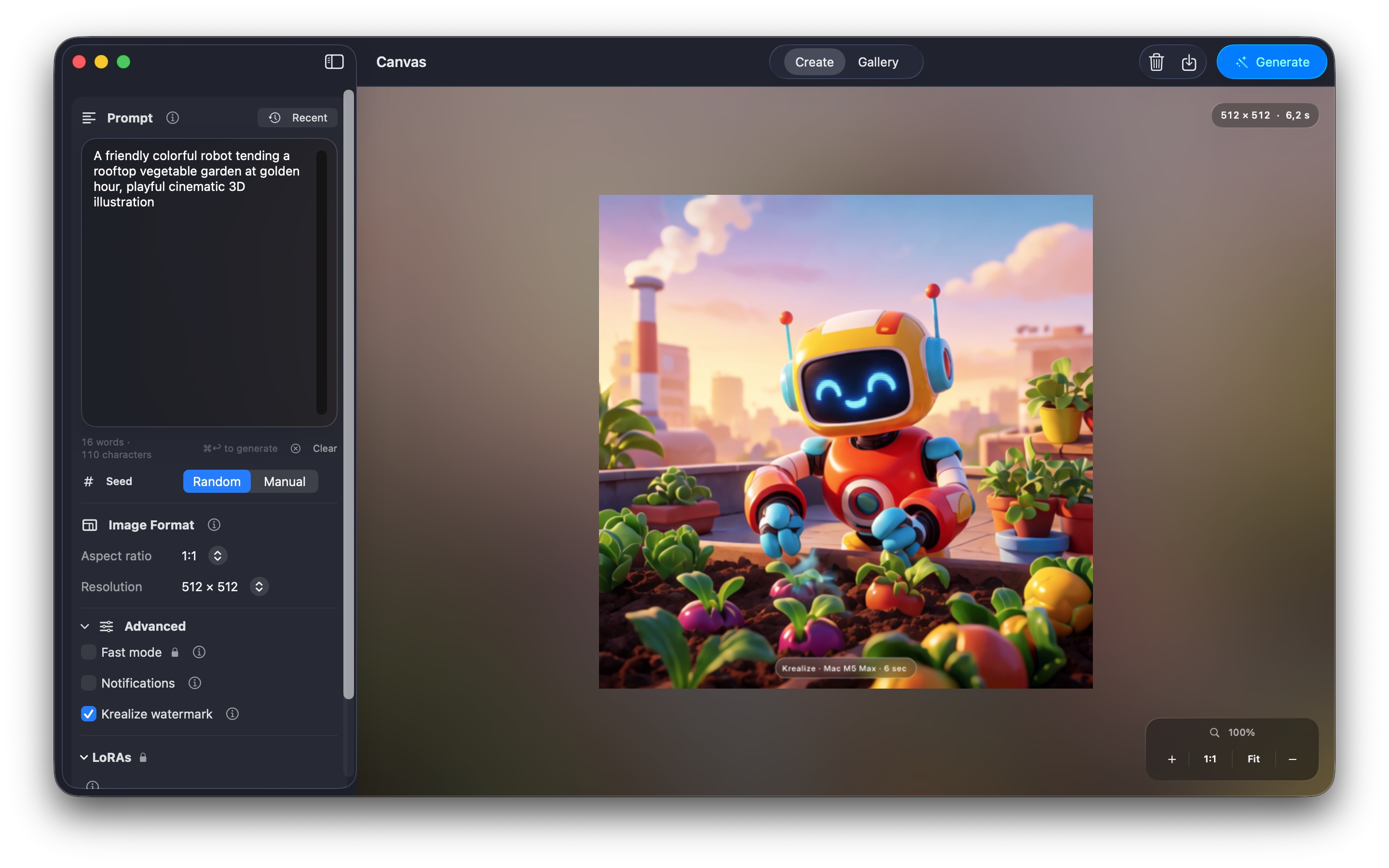 Krealize advanced controls for Fast mode, notifications, watermark, and LoRA workflows