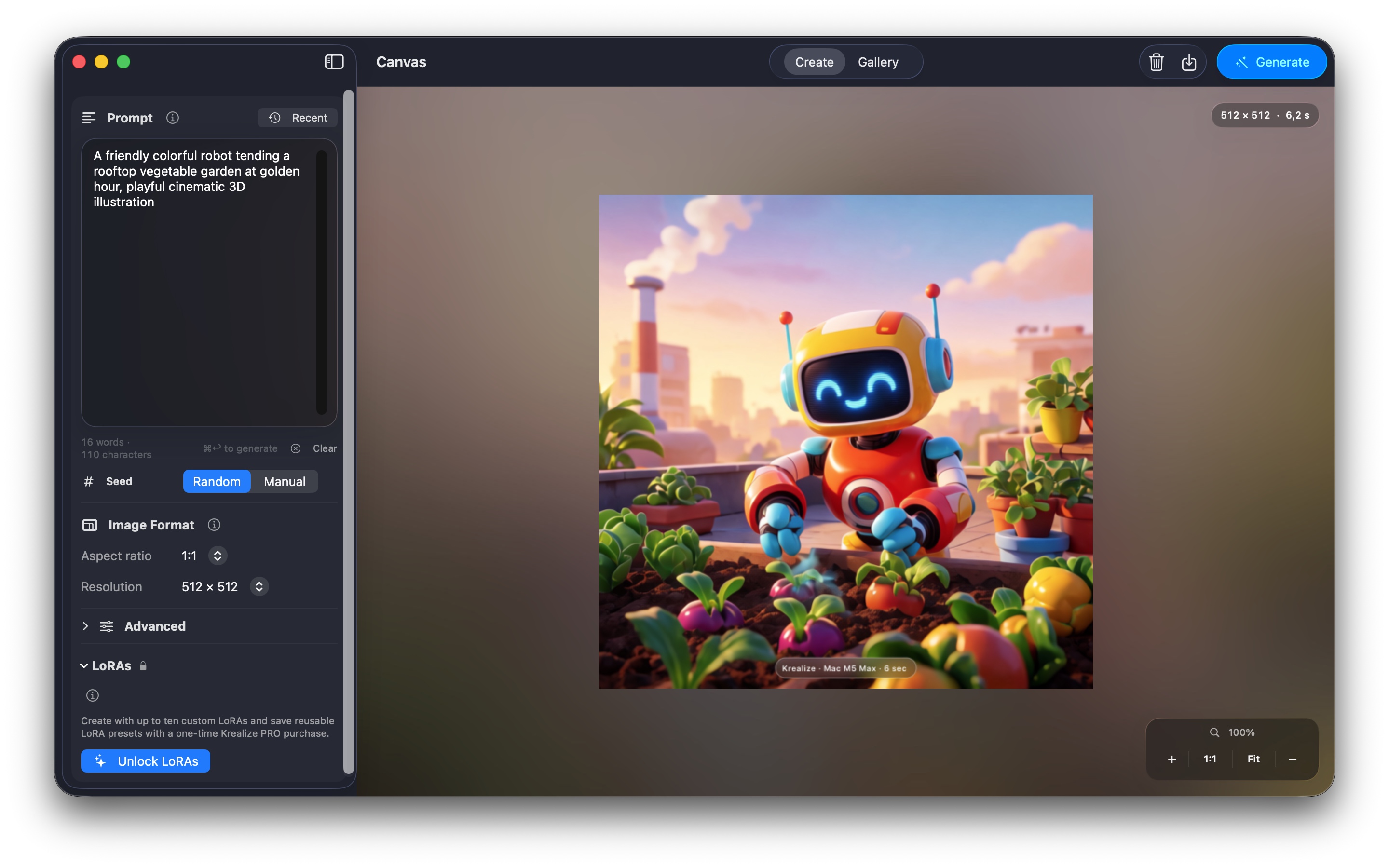 Krealize generating a colorful robot tending a rooftop garden locally on a Mac