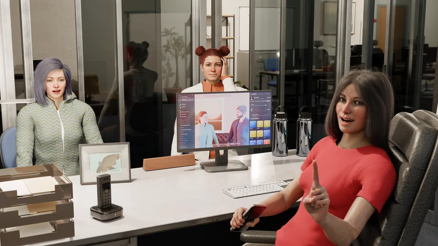 A woman in a red dress at an office desk, rendered in NovelStage