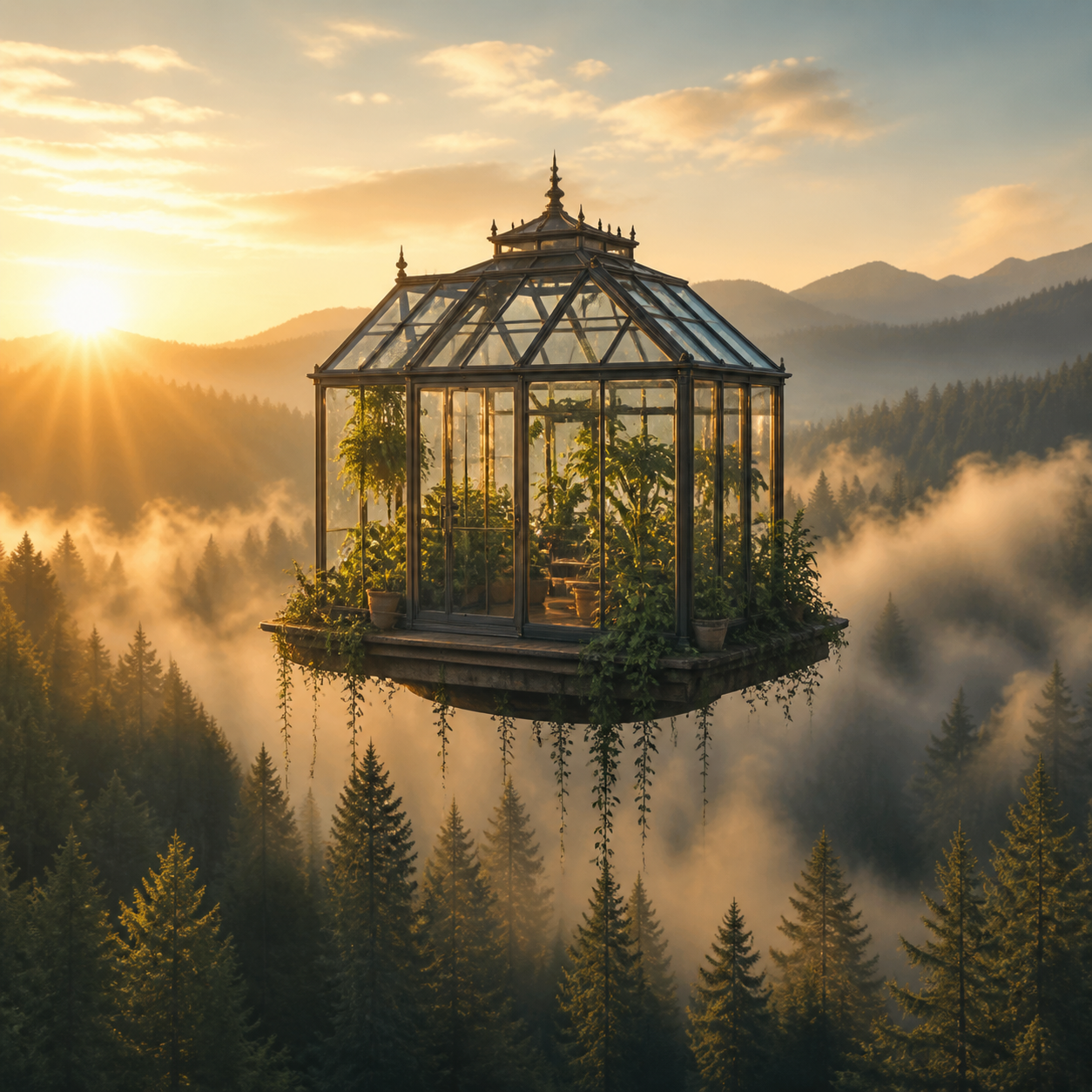 Floating greenhouse above a misty lake