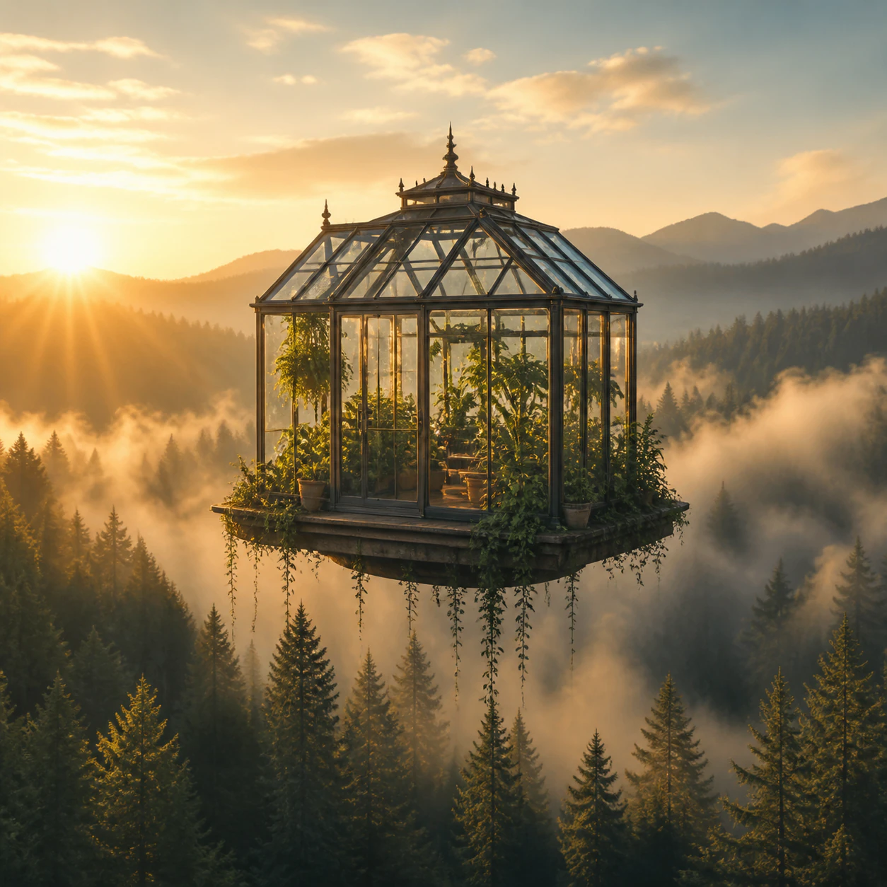 Floating greenhouse above a misty lake