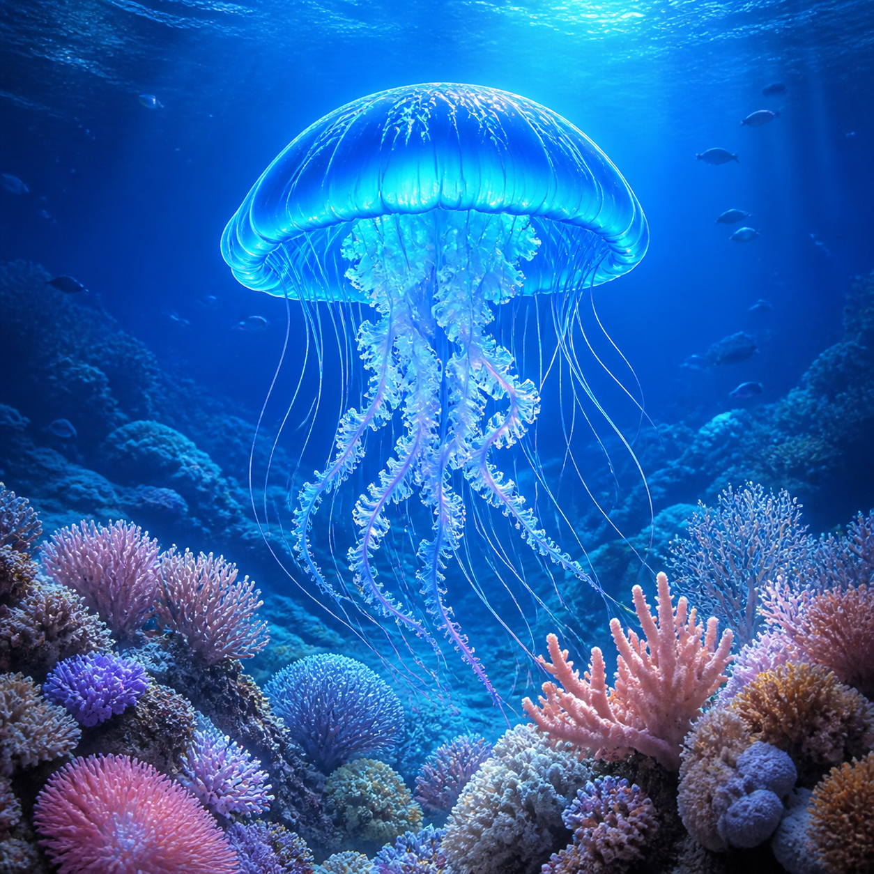Luminous jellyfish in dark water