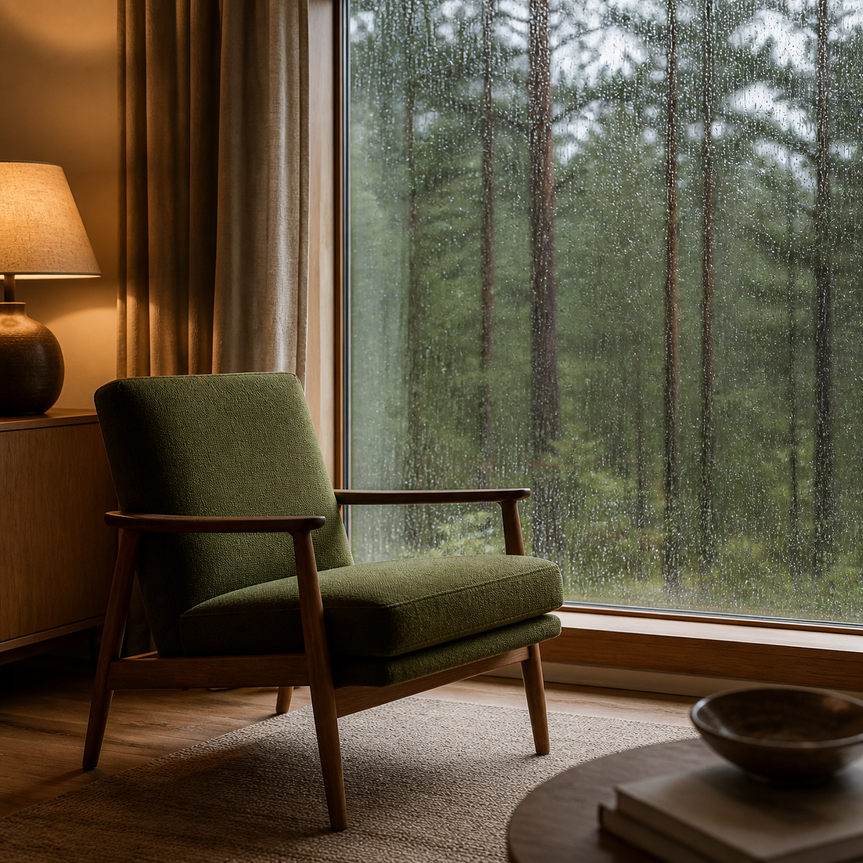 Reading chair beside a rainy window