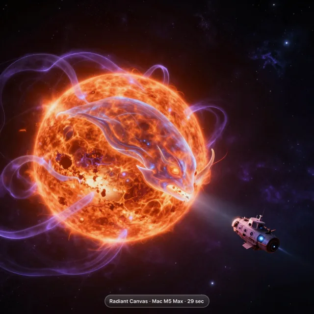 Translucent cosmic creature feeding on a dying star