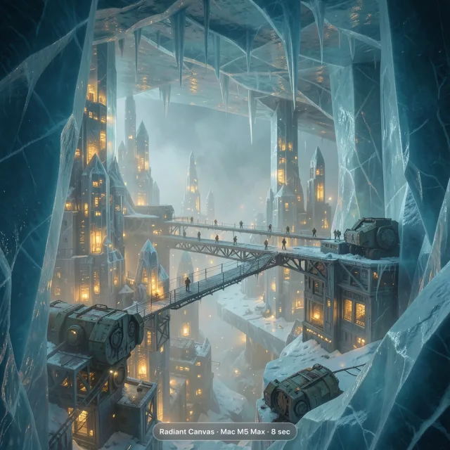 Futuristic city beneath a transparent Antarctic ice shelf