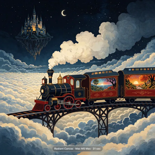 Steam train crossing a bridge above a sea of clouds