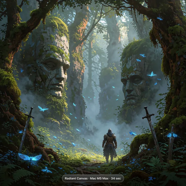 Armored traveler among enormous stone faces in a forest