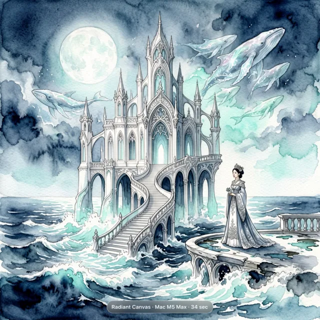White palace rising from a moonlit ocean with flying whales