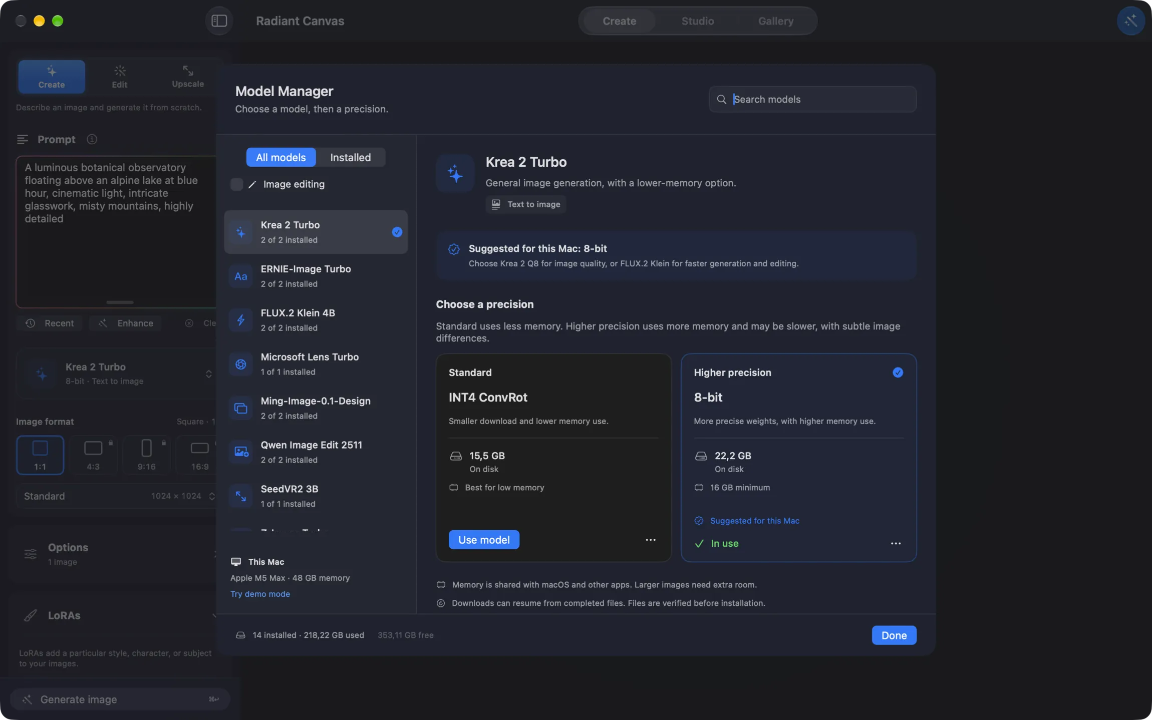 Radiant Canvas Model Manager showing model choices