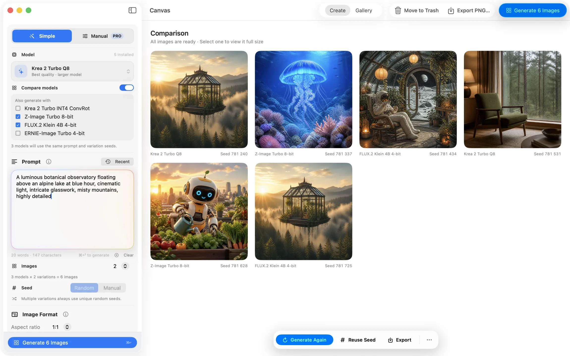Radiant Canvas showing six images generated from one prompt with three local AI models
