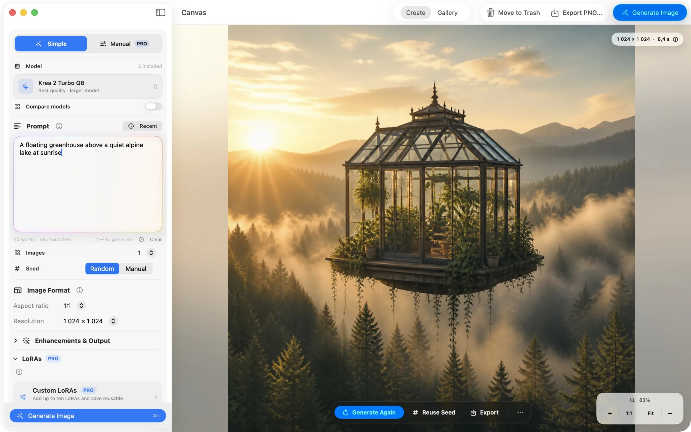 Radiant Canvas Create workspace with a generated image