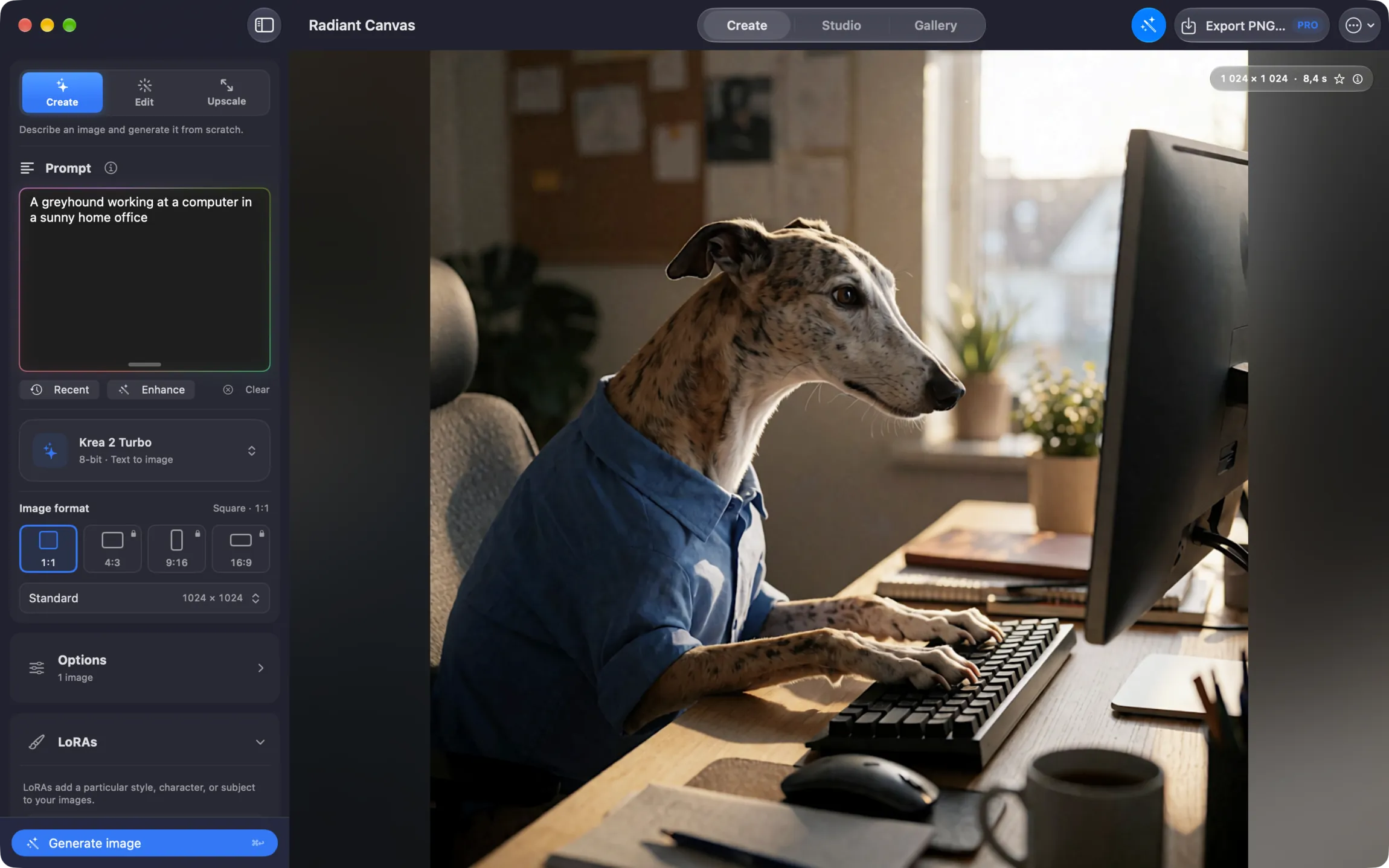 Radiant Canvas Simple workspace showing a generated image