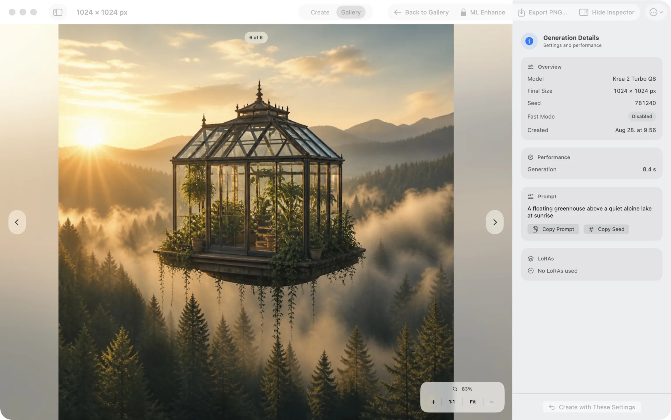 Radiant Canvas Gallery image viewer and generation details