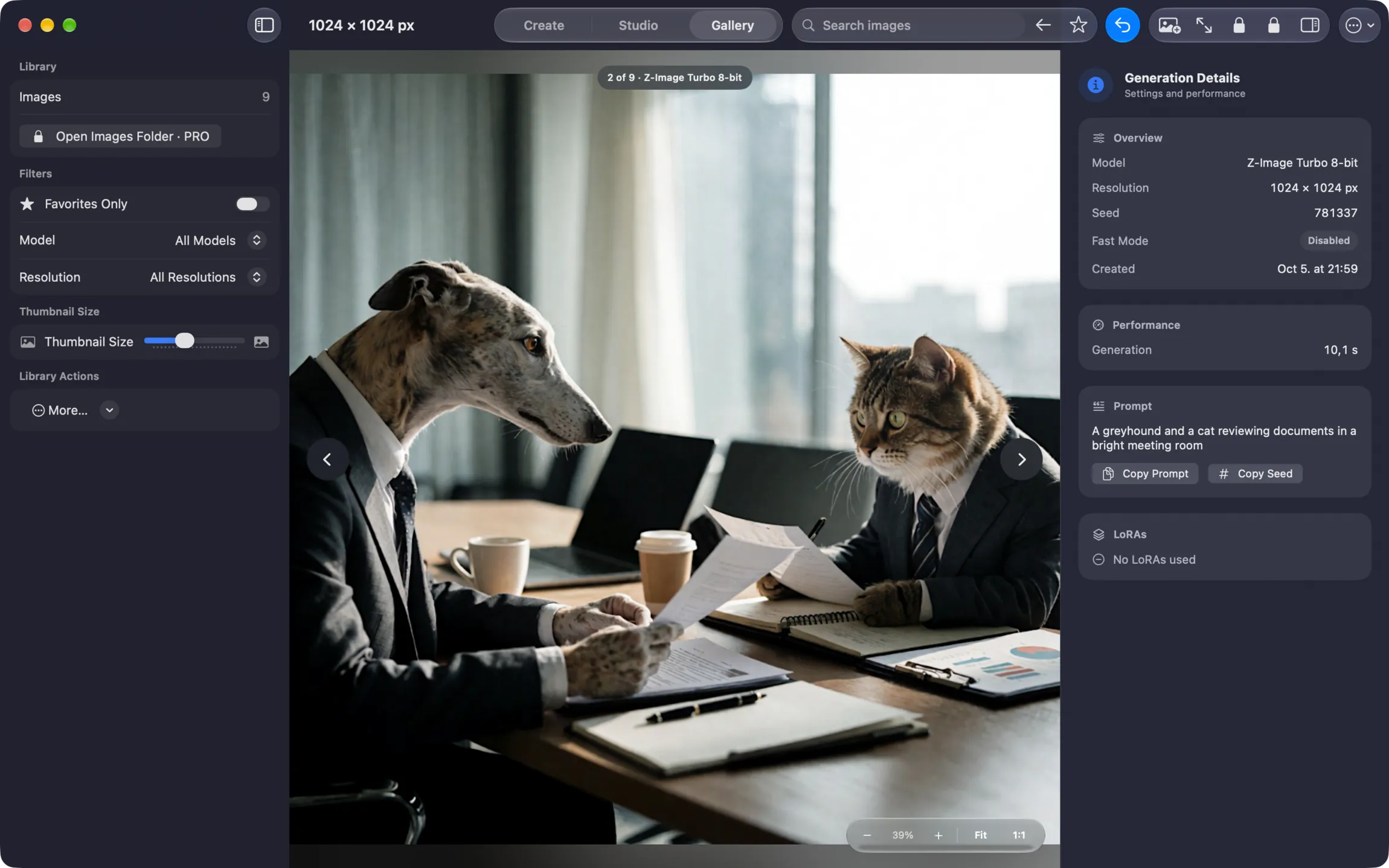 Radiant Canvas Gallery image viewer and generation details