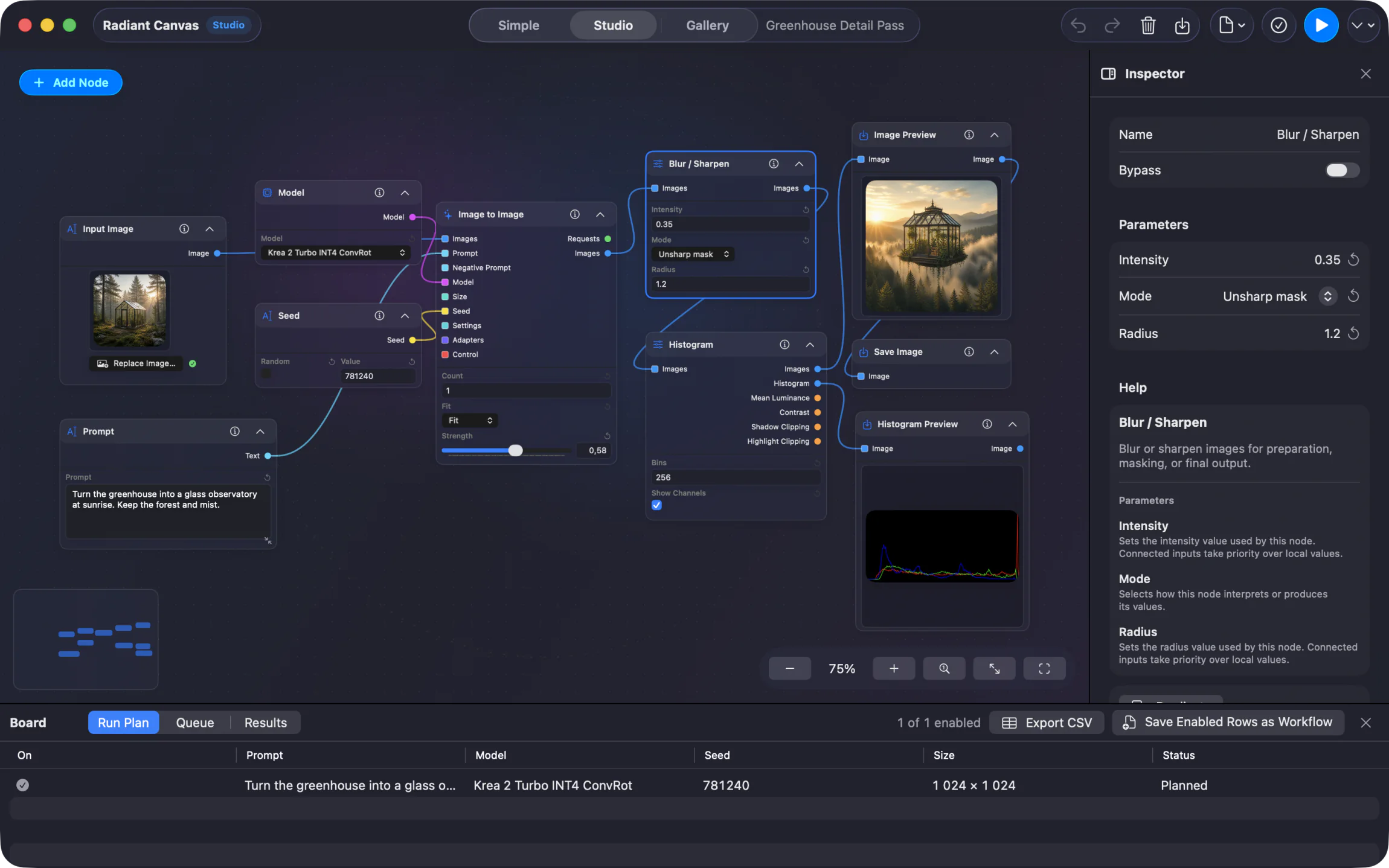 Radiant Canvas Studio showing a connected local AI image workflow on Mac