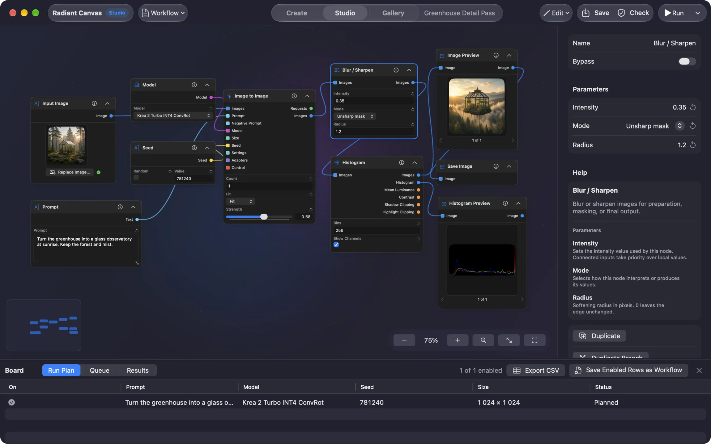 Radiant Canvas Studio with a connected image workflow