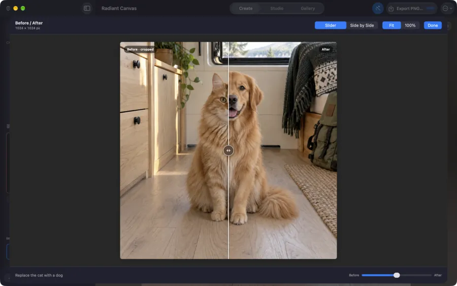 Radiant Canvas showing a cat changed to a dog in a before and after image edit