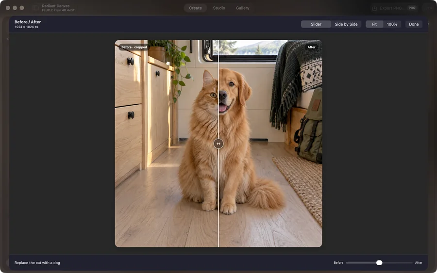 Radiant Canvas showing a cat changed to a dog in a before and after image edit