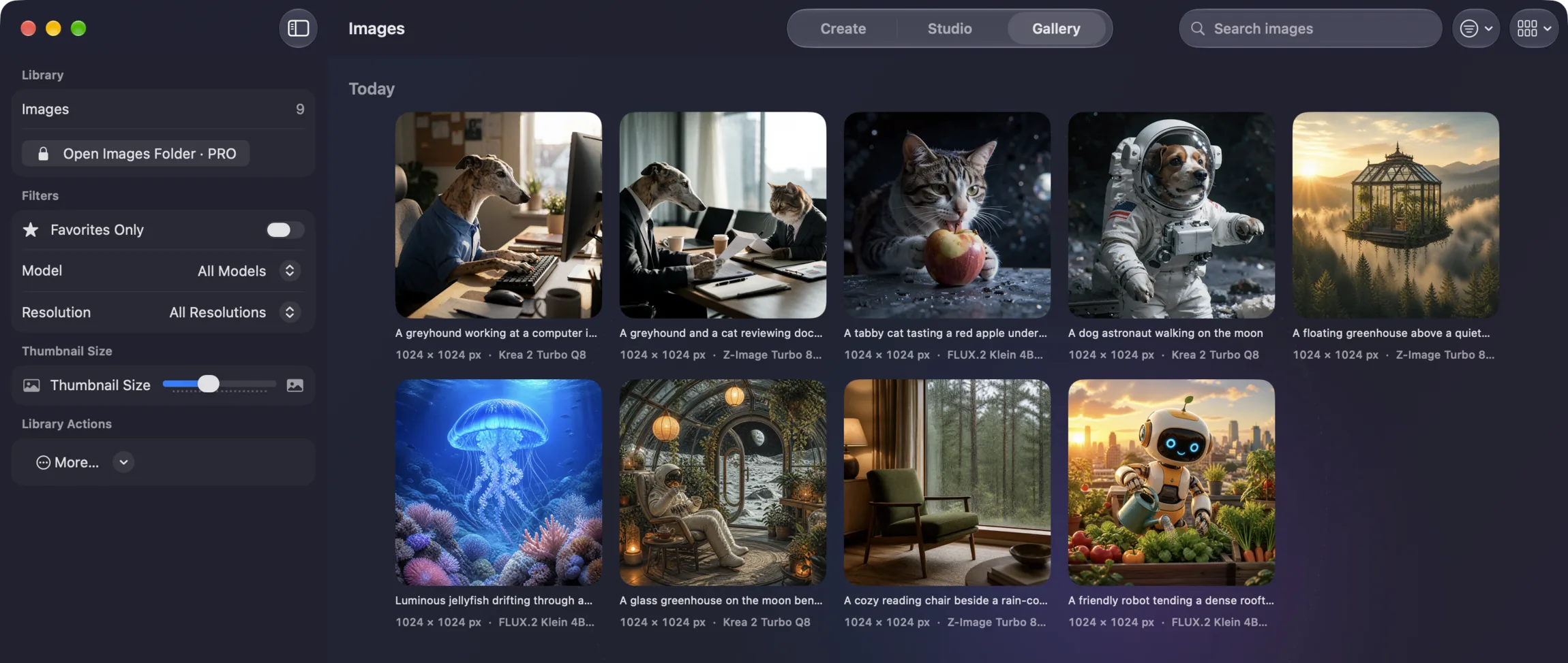 Radiant Canvas local Gallery with model and resolution filters, image search, and generated images with their model names