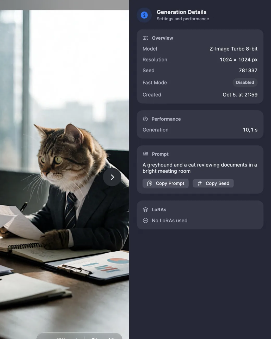 Generation Details next to a saved image, with model, resolution, seed, generation time, prompt, and Copy Prompt and Copy Seed buttons