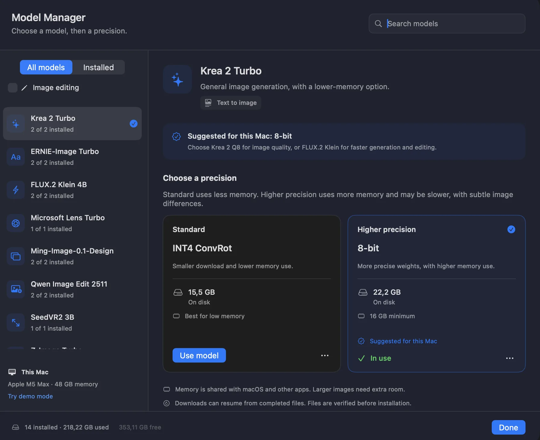 Radiant Canvas Model Manager with Krea 2 Turbo precision choices, memory guidance, and SeedVR2 3B in the model list