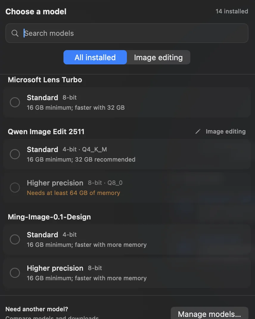 Radiant Canvas model picker with search, an Image editing filter, and Standard and Higher precision choices for each model