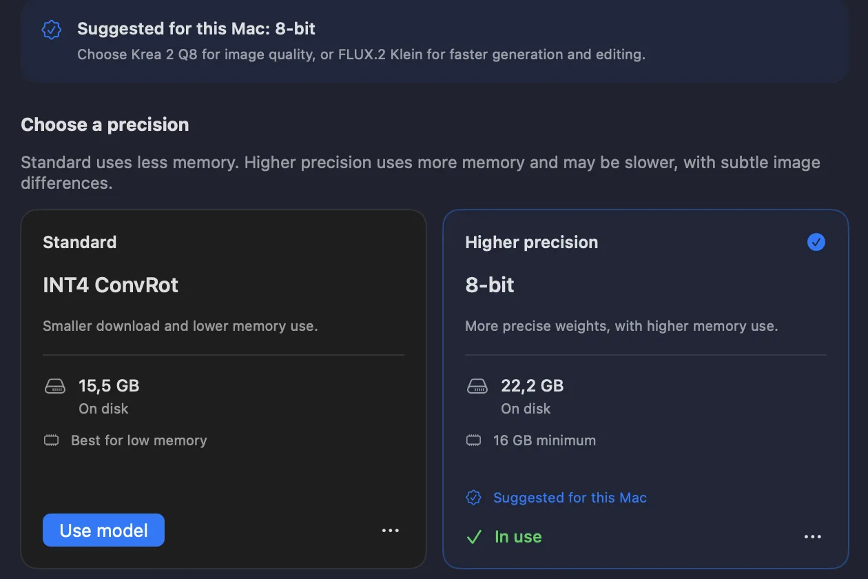 Model Manager suggesting 8-bit for this Mac, with Standard INT4 ConvRot at 15.5 GB and Higher precision 8-bit at 22.2 GB
