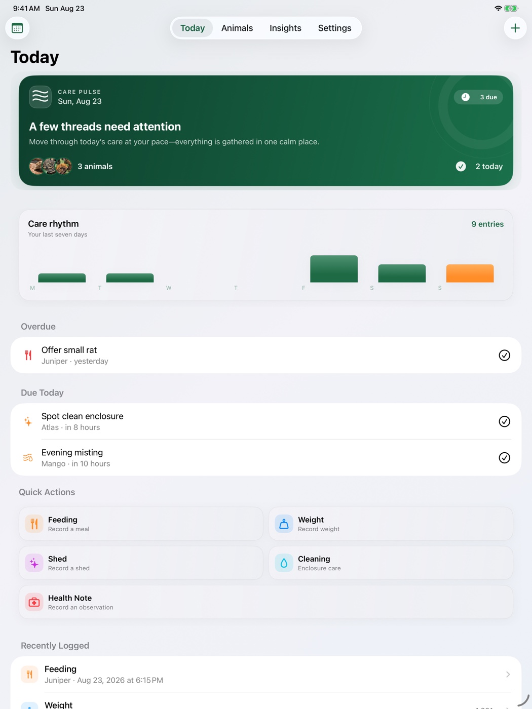 Reptiloom Care Pulse dashboard on iPad