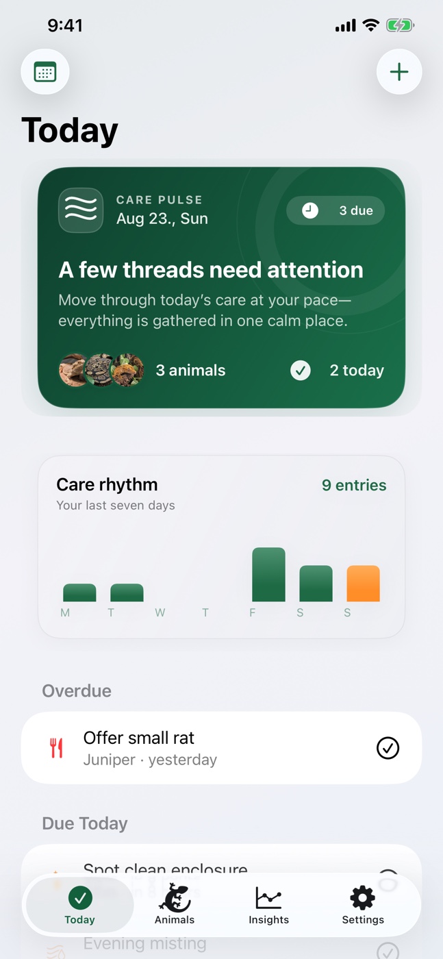 Reptiloom Care Pulse dashboard with a seven-day care rhythm