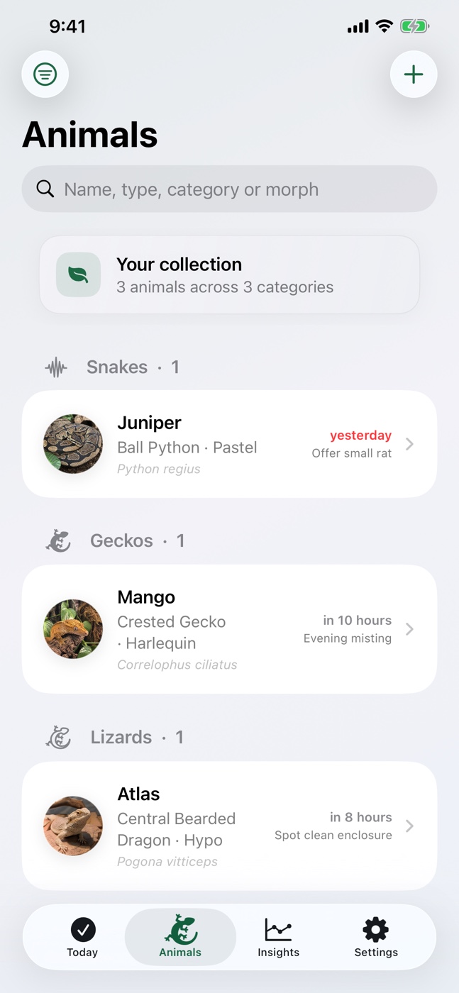 Reptiloom animal profiles with reptile photos