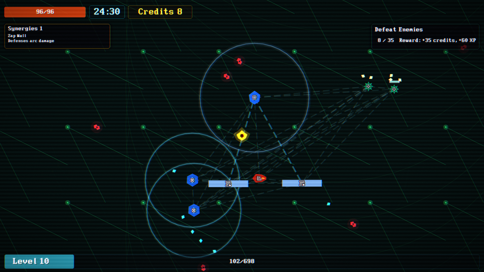 Late-run System Cleaner combat with enemies and automated helpers
