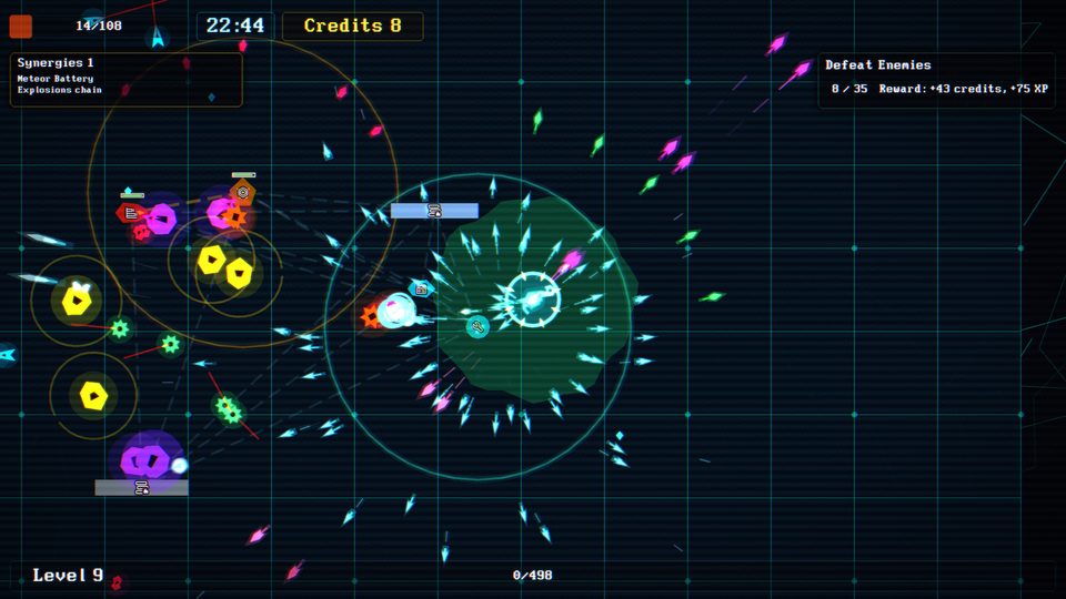 System Cleaner screenshot showing heavy bullet-heaven combat, enemy waves, pickups, and objectives.