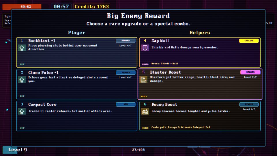 System Cleaner screenshot showing a crowded arena with upgrades, enemies, and active combat.