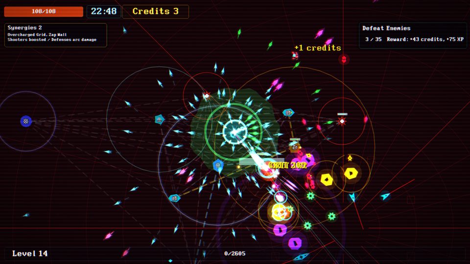 System Cleaner screenshot with a cleaner surrounded by projectiles, enemies, and digital hazards.
