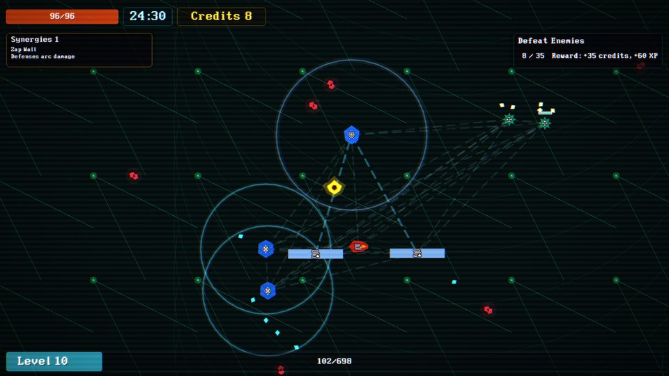 System Cleaner screenshot showing late-run combat and automated helpers on a grid arena.