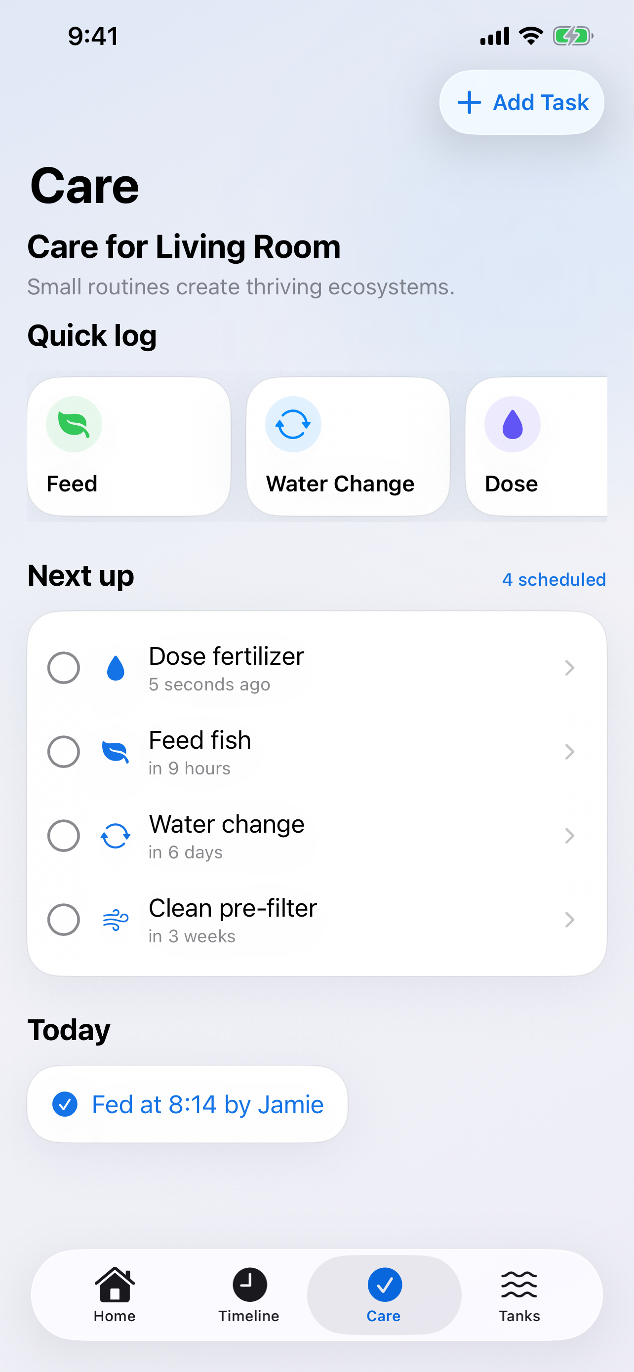 Tankive care schedule with editable upcoming tasks