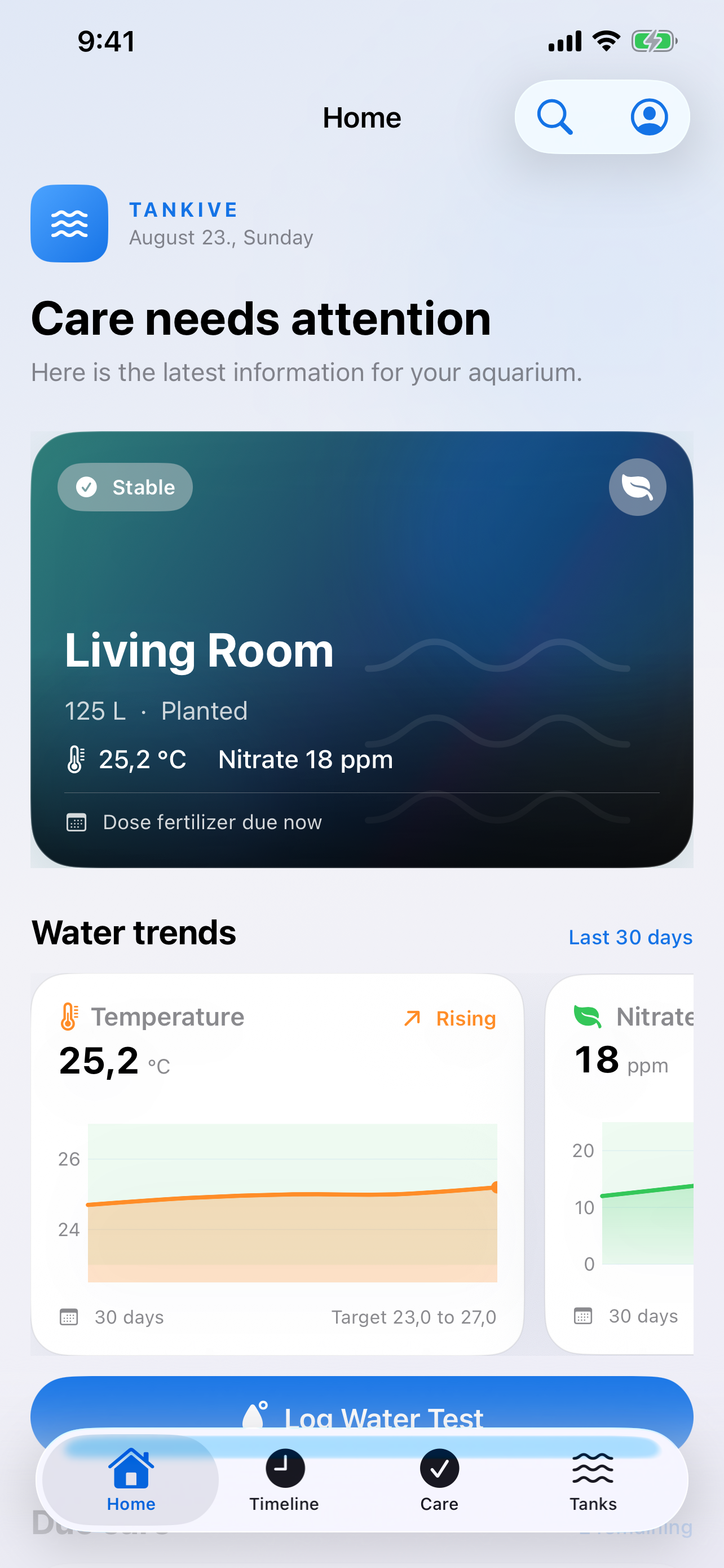 Tankive Home showing a planted aquarium, current water values, and recent trends