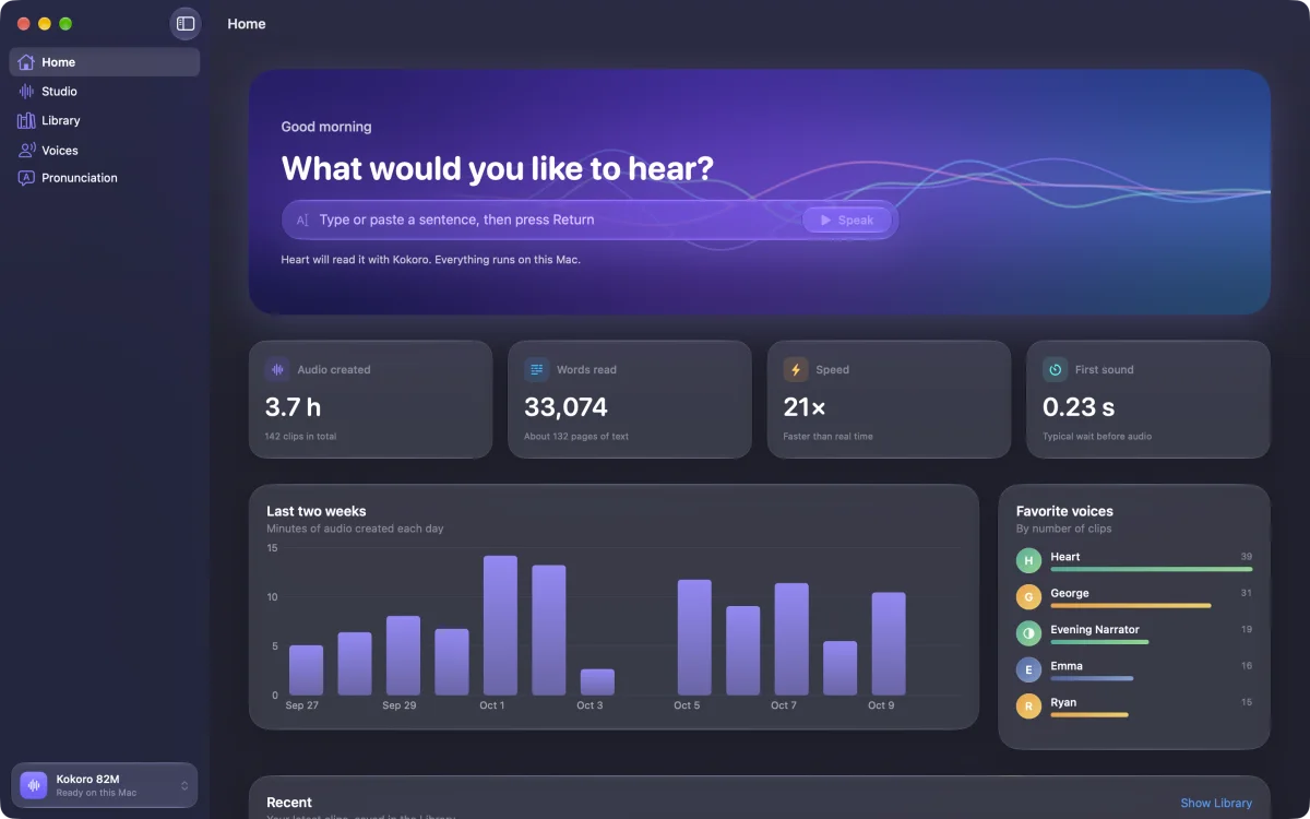 Vocalune Home screen with a quick speak field and listening statistics on Mac