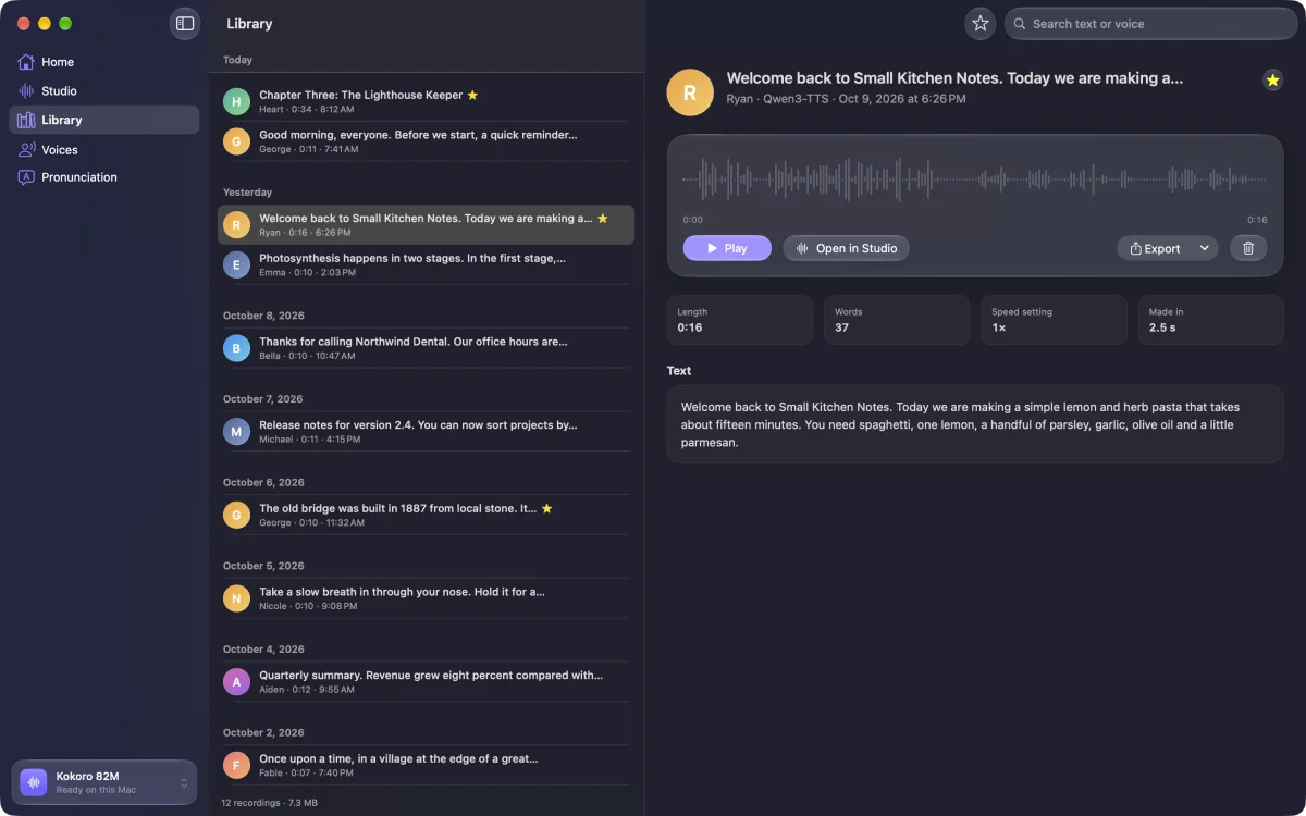 Vocalune Library with saved clips grouped by day and a selected clip with its waveform and export options
