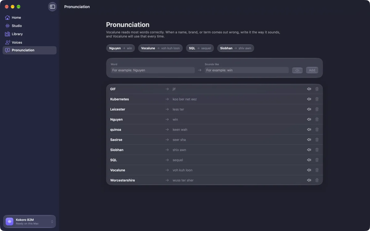 Vocalune pronunciation list with words and how they should sound