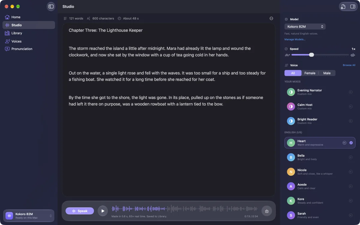 Vocalune Studio with a chapter of text, the voice list and a finished audio waveform