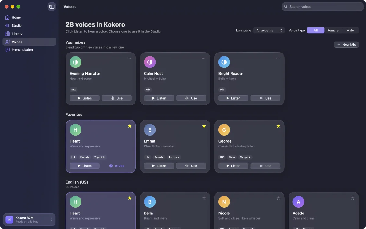 Vocalune voice browser with custom voice mixes, favorite voices and the Kokoro voice list